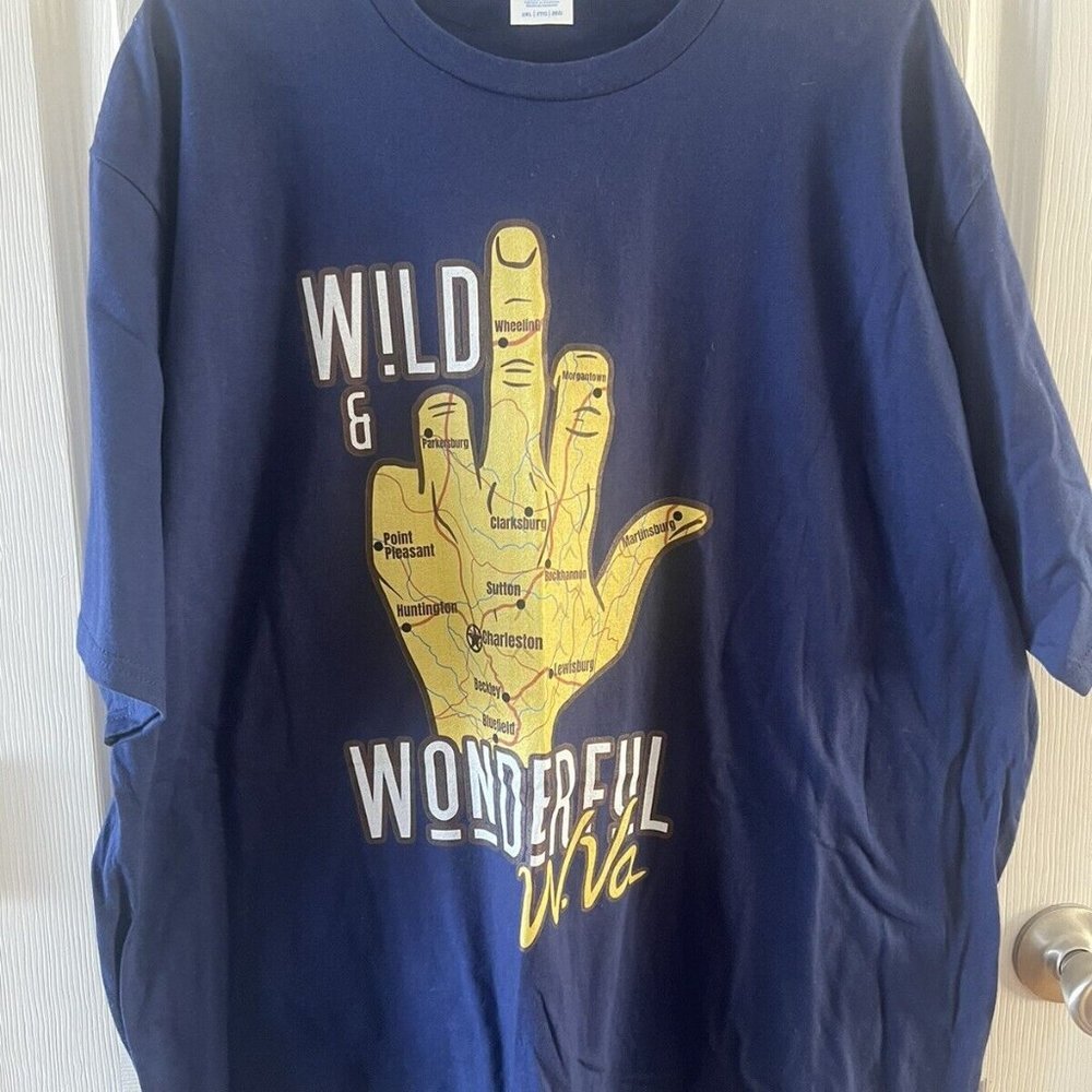 Wild and wonderful West Virginia Shirt Blue T-Shirt With Hand Map Of State 2XL.